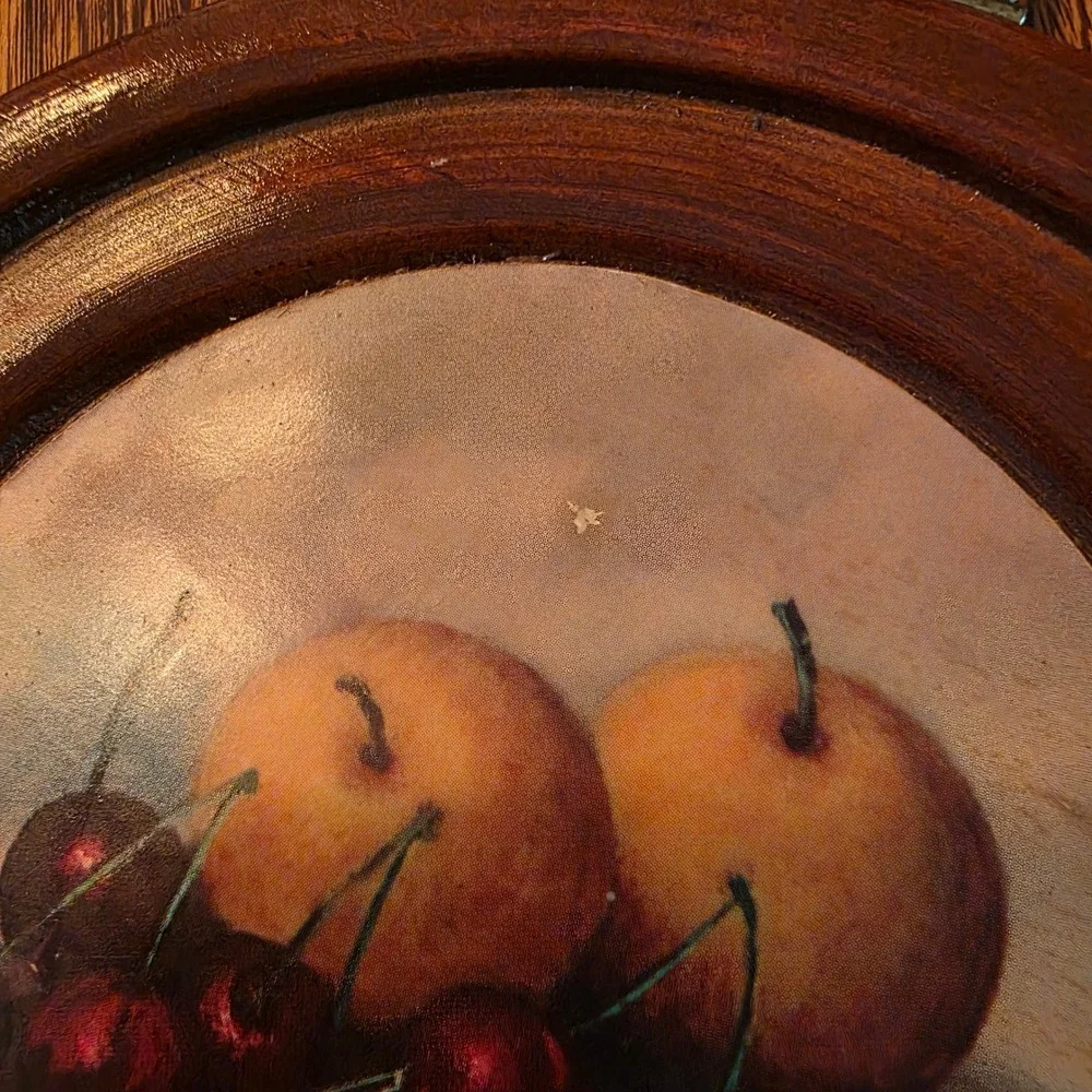 Henk Bos Round Wood Wall Plaque Still Life Fruit Peaches Cherry Cottagecore 6.5